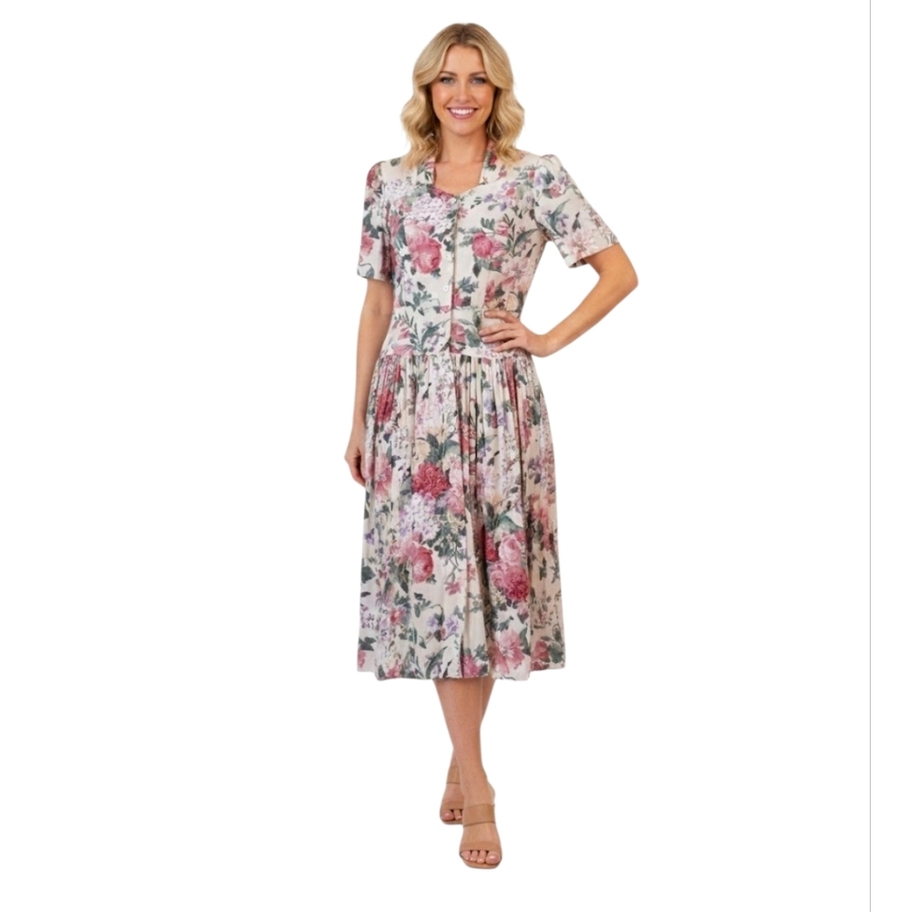 Vtg IMPROMTU Maxi Dress‎ Floral Print Button Down Size M Cottagecore Tradewife